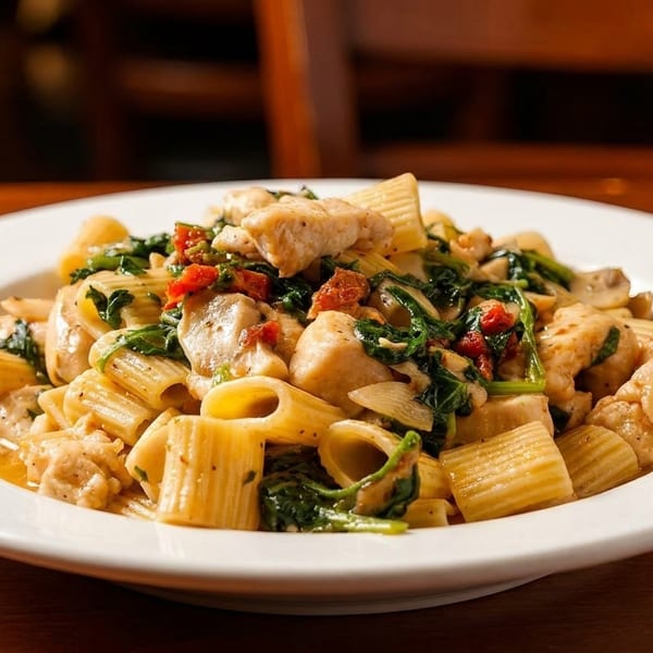 Rigatoni pasta with chicken, spinach, mushrooms, and sun-dried tomatoes in a light sauce.