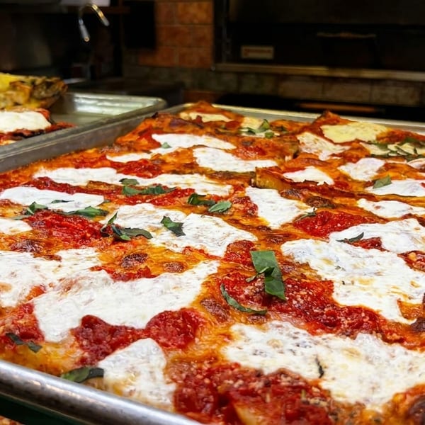 Close-up of a rectangular tray of freshly baked Sicilian pizza with melted mozzarella, tomato sauce, and basil.
