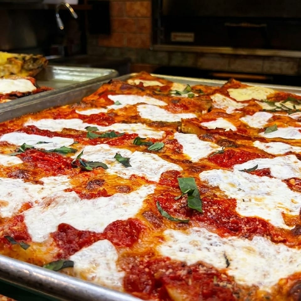 Close-up of a rectangular tray of freshly baked Sicilian pizza with melted mozzarella, tomato sauce, and basil.