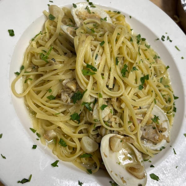 Linguine pasta with clams, garlic, and parsley in a light sauce on a white plate.