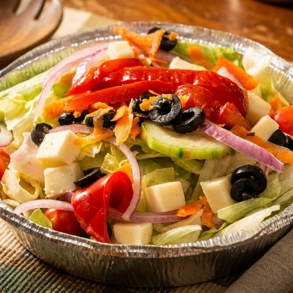Fresh garden salad with lettuce, tomatoes, cucumbers, olives, cheese, and red onions in a foil container.