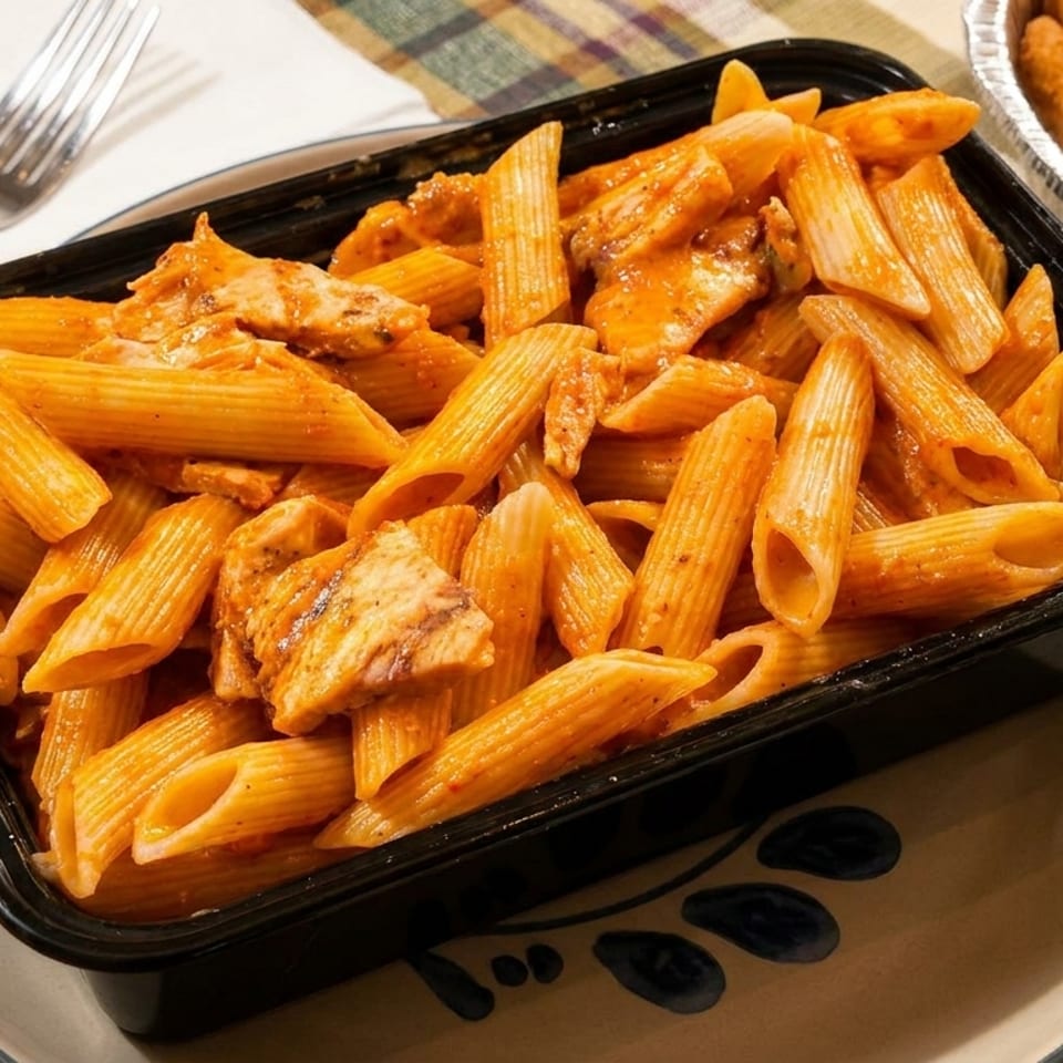 Penne pasta with chicken in a creamy red sauce, served in a black container.